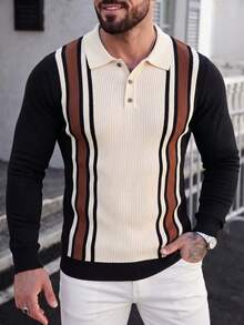 New Men's Color-Block Premium Striped Polo Collar Long Sleeve Top - Black - View 3