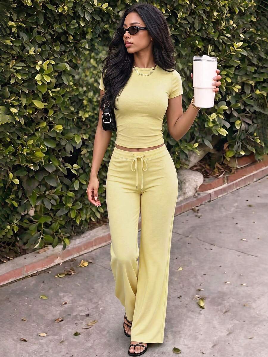 NOIRLYN Women's Fall Two Pieces Y2K Sportswear Gym Casual Daily Solid Color Short-Sleeved Round-Neck T-Shirt And Slim Straight-Leg Long Pants Set - Yellow - View 1