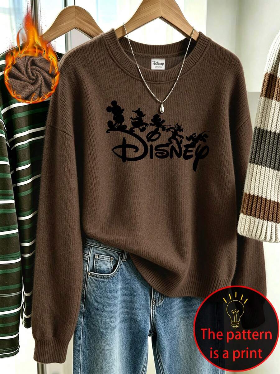 Disney 女款大尺碼休閒仿針織上衣,柔軟舒適面料,迪士尼角色與字母印花,適合秋冬穿著 - 棕色 - 查看 1