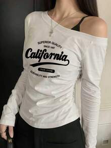 Pure Desire Style One-Shoulder Cold Shoulder Long Sleeve Fitted Waist Curved Hem White Print T-Shirt For Women, Autumn - White - View 8