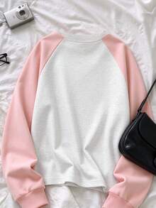Girls Cherry Applique Embroidery Sweatshirt, Colorblock Raglan Long Sleeve Loose Casual Pullover For School, Everyday Wear, Spring And Fall. - Pink - View 2