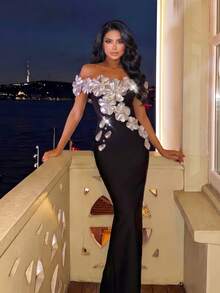 Elegant Sleeveless Cold Shoulder Long Pencil Dress With 3D Rose Detail, Suitable For Women's Evening Wear - Black - View 3