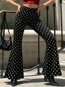 Spring/Autumn Vintage French Style Black & White Polka Dot High Waist Flared Pants, Slim Fit Elegant Slimming Versatile Bell Bottoms - Black - View 5