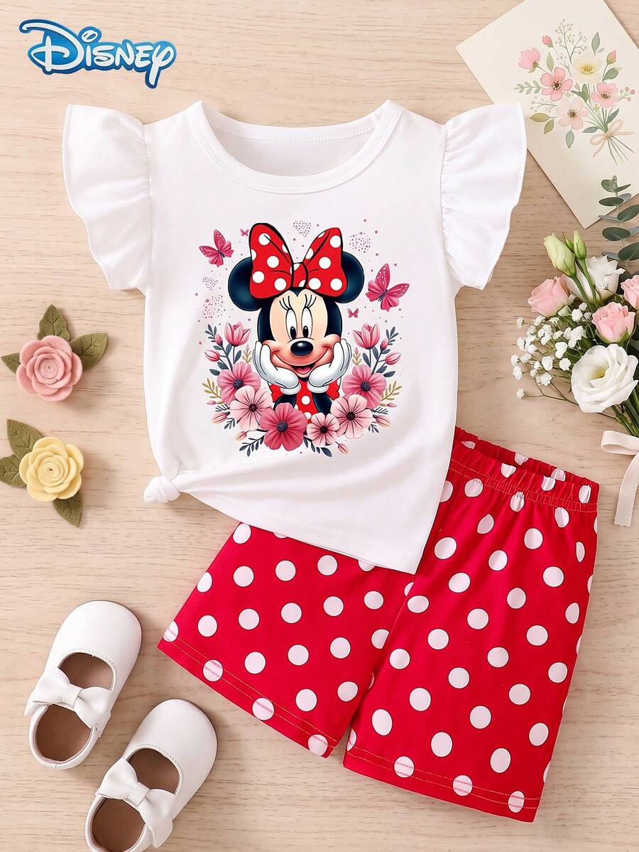 Disney 迪士尼米奇女婴碎花无袖上衣和波点松紧腰短裤套装,可爱休闲夏季度假装 - 紅色 - 查看 1