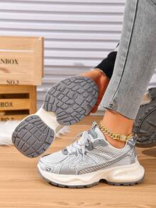 Sepatu Wanita Fashion Colorblock Kulit PU Bertali Nyaman Bernapas untuk Aktivitas Luar Ruangan Sepanjang Musim - Light Grey - View 4