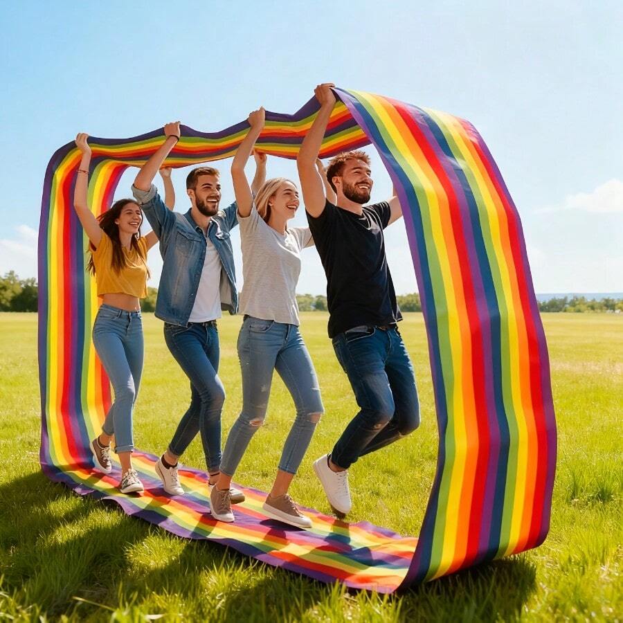 Rainbow Striped Polyester Decorative Banner, Vibrant Colorful Hanging Cloth, Suitable For Lawn Picnic, Group Gathering And Photo, Reusable, Lightweight Outdoor Activity Decoration, Suitable For Yard And Field - Multicolor - View 1