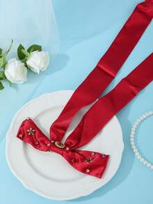1pc Vintage Elegant Red Satin Bow Hair Clip With Rhinestone Long Ribbon Bridal Headpiece - Red - View 4