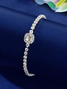 1pc Elegant Rhinestone Tennis Bracelet For Women Round Halo Sparkly Chain Bracelet For Wedding Party Date Night - Silver - View 3