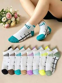 8 Pairs Women's Japanese Style Geometric Line Sports Socks, Low-Cut Short Socks, Comfortable Soft Versatile Student, Non-Slip Wear-Resistant Running Fitness Socks - Multicolor - View 6