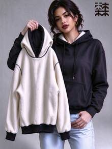 mulinsen Women's Hooded Sweatshirt, Fleece Lined Kangaroo Pocket Drawstring Warm Loose Fit, Suitable For Fitness - Deep Space Black - View 2