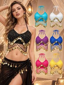 New Belly Dance Performance Top Featuring A Fish-Scale Sequin Design; A Stylish Accessory Adorned With Gold Tassels And Beadwork, Perfect For Stage Performances, Parties, Festivals, And Dance Shows-Offering An Elegant, Arabian-Inspired Look.Genie Top - Multicolor - View 6