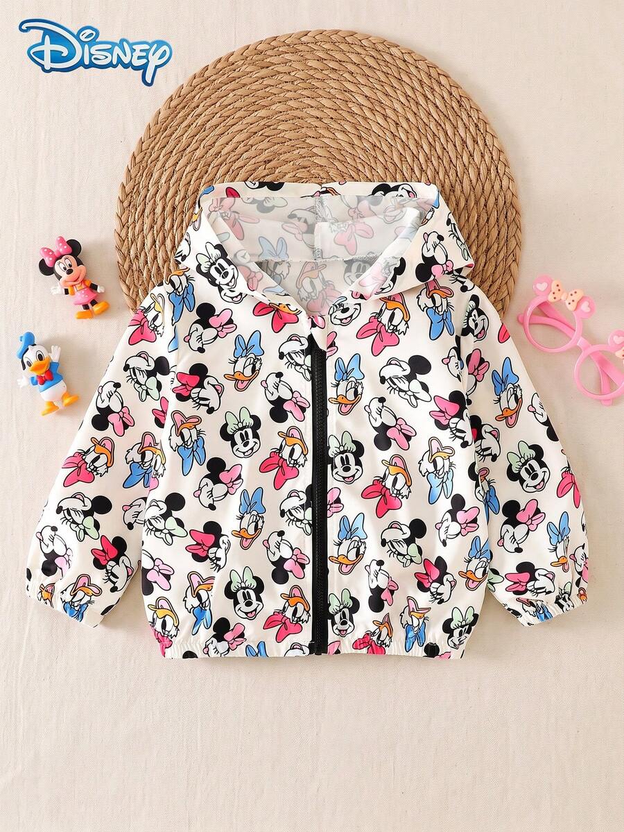 Disney Minnie And Friends 春/秋季女嬰休閒夾克,卡通 Minnie、Donald Duck、Daisy、Goofy 全身印花,長袖拉鍊連帽夾克,兒童日常百搭戶外娛樂派對穿著,時尚亮眼俏皮服飾 - 杏色 - 查看 1