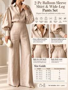 Women's Spring/Autumn Elegant Lantern Sleeve Solid Color Turn-Down Collar Blouse + High Waist Wide Leg Long Pants 2 Pieces Set - Apricot - View 6