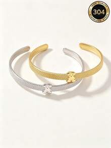 Mesh Bear Open Cuff Bracelet, Minimalist Gold & Silver Two-Tone Adjustable Women's Daily Jewelry - C-shaped Bracelet - View 8