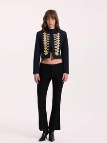 Women's Long Sleeve Round Neck Napoleon Style Blazer Jacket, Suitable For Autumn/Winter - Navy Blue - View 3