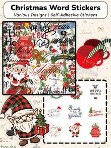 50Pcs Christmas Word Stickers, Xmas Gnome & Hand Lettering Pattern Decals, DIY Decorative Stickers For Notebook, Stationery, Skateboard, Phone Case, Tablet, Fridge, Guitar, Holiday Party Gift - Multicolor - View 1