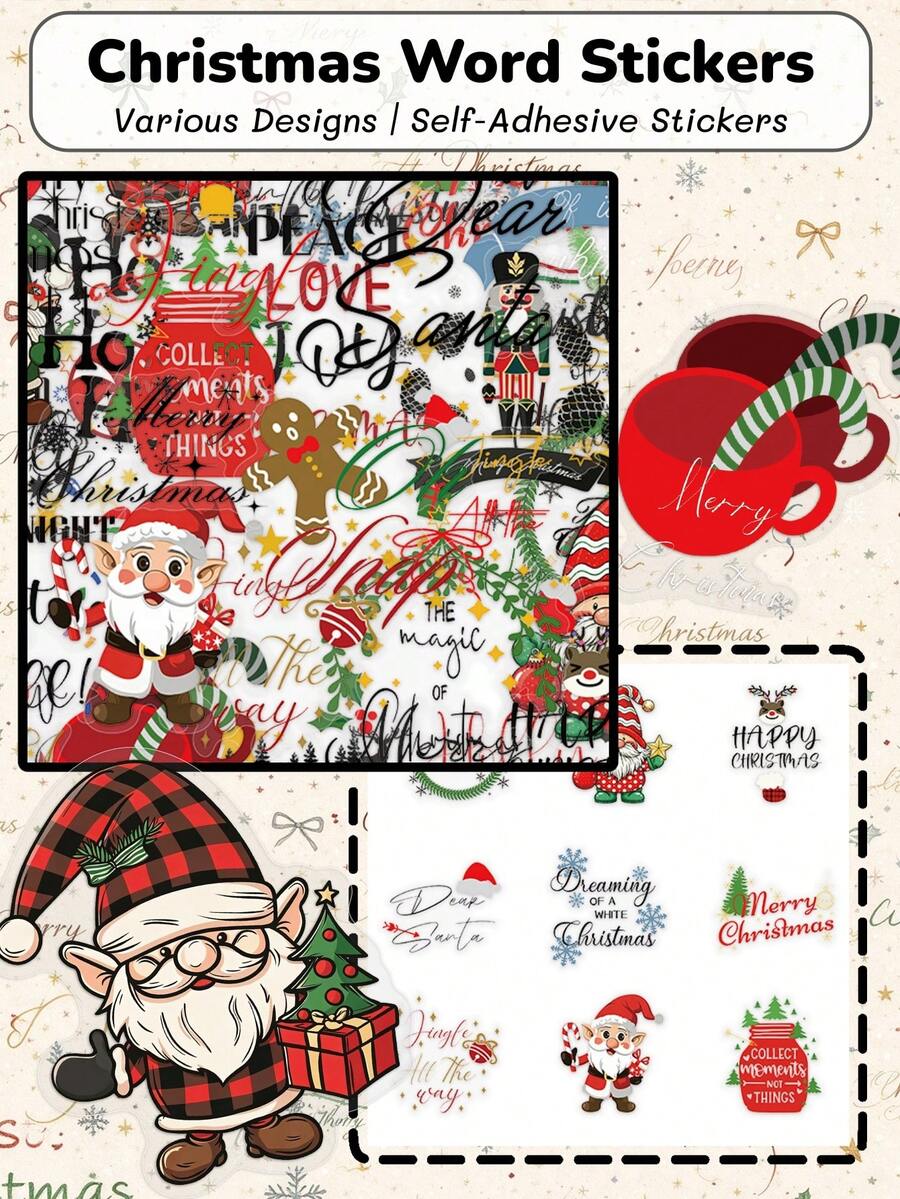 50Pcs Christmas Word Stickers, Xmas Gnome & Hand Lettering Pattern Decals, DIY Decorative Stickers For Notebook, Stationery, Skateboard, Phone Case, Tablet, Fridge, Guitar, Holiday Party Gift - Multicolor - View 1