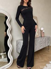 SUNSTORY Women's Autumn Long Sleeve Lace Patchwork Fitted Jumpsuit, Suitable For Party, Disco, Night Out, Wedding Guest, Graduation Ceremony - Black - View 3