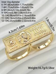 1pc Hip-Hop Style Gold-Plated 100 Dollar Bill Double Finger Ring, Unisex Vintage Embossed Dollar Sign Connected Ring, Suitable For Music Festivals, Parties, Gatherings, Shopping, Best Gift For Boyfriend - Gold - View 6