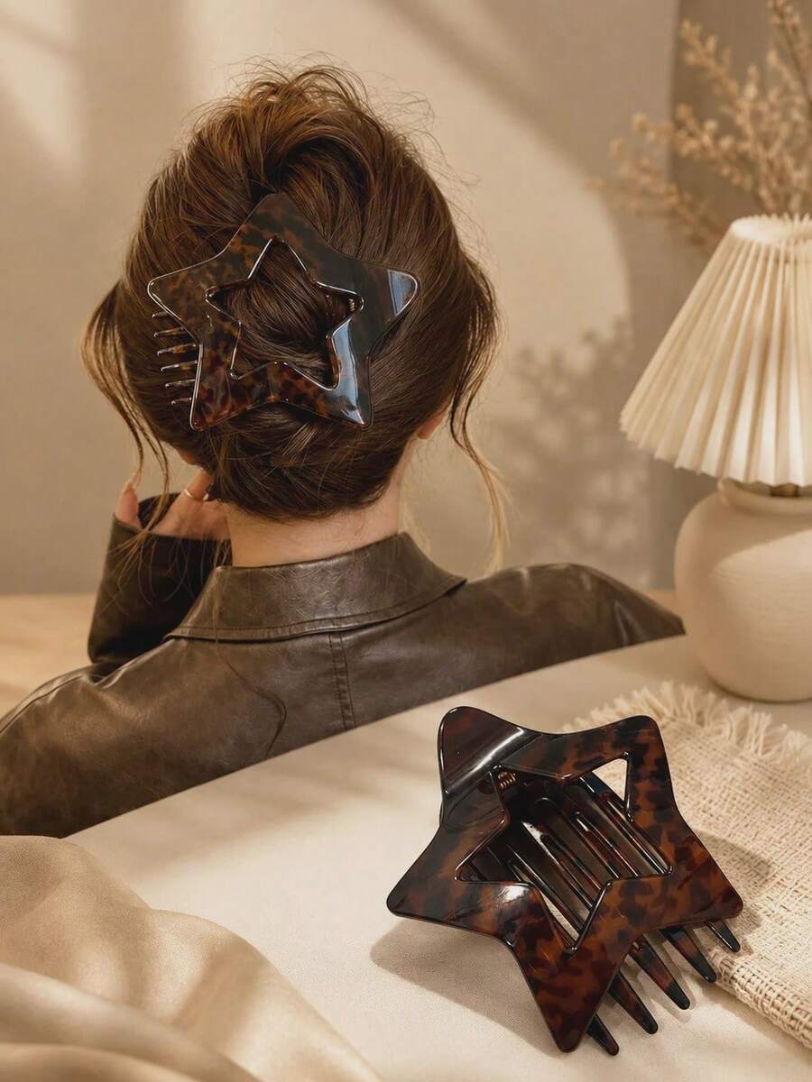 1PC Leopard Print Star Hair Clip For Women Tortoiseshell Flat Hair Claw Clip, Elegant French Style Updo Back Hair Accessory - Multicolor - View 1