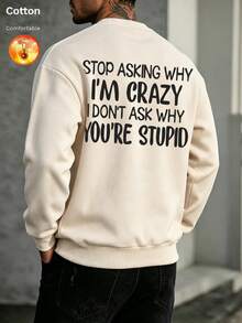 Men's Autumn/Winter Thermal Lined Crew Neck Loose Fit Sweatshirt With Personalized Slogan Print - Apricot - View 11