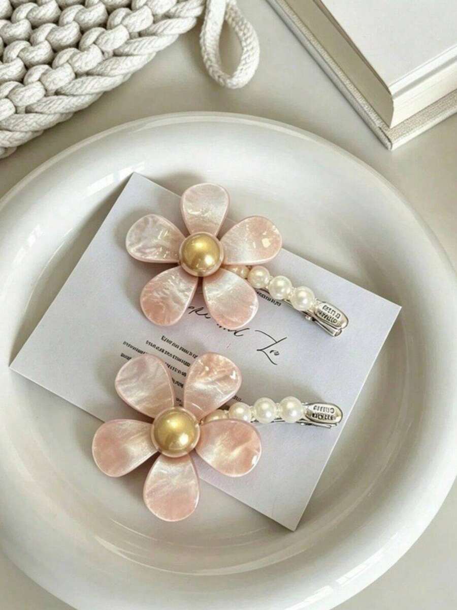 2pcs New Soft Pink Pearl Flower Side Bang Hair Clips, Girls Universal Hair Clips - Multicolor - View 1