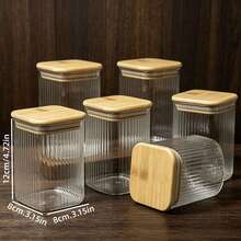 2/4/6/8pcs-Square Striped Glass Storage Jars, Oatmeal Canisters, Glass Spice Jars, Cookie Jars With Bamboo Lids, Airtight Square Glass Containers, 550ml Kitchen Food Storage, Suitable For Spices, Oatmeal, Cookies, Candy And Pantry Organization - View 3