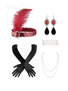 5pcs 1920s Flapper Feathers Headband Alloy Rhinestone Earring Long Pearl Choker Necklace Satin Gloves Set For Women Accessories Gatsby Theme Party ﻿ - Multicolor - View 13