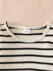 Baby Girl 2-Piece Set, Minimalist Slouchy, Textured Hollow Black & White Wave Pattern Ruffle Flutter Sleeve Knit Pullover Top + Side Frayed Bow Elastic Waist Denim Long Pants, Daily Vintage Casual Outfit - Black and White - View 4