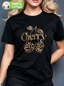 Plus-Size Women's Casual Cotton T-Shirt,Featuringaround Neck Design,Loose Short Sleeves,And Leopard Print,Cherry,And Letter Patterns.Simple And Casual - Black - View 4