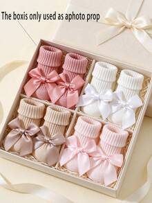 4 Pairs Baby/Toddler Girls Cotton Bow Decor Anti-Slip Mid-Calf Socks, Suitable For Indoor Crawling On Floor - Multicolor - View 10