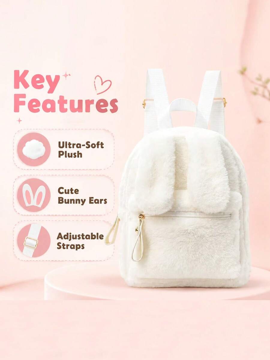 1pc Mini Plush Backpack, Featuring Long Rabbit Ears, Made Of Soft Plush Material Closure. Suitable For Daily Commuting, Stylish And Casual Backpack - Multicolor - View 1