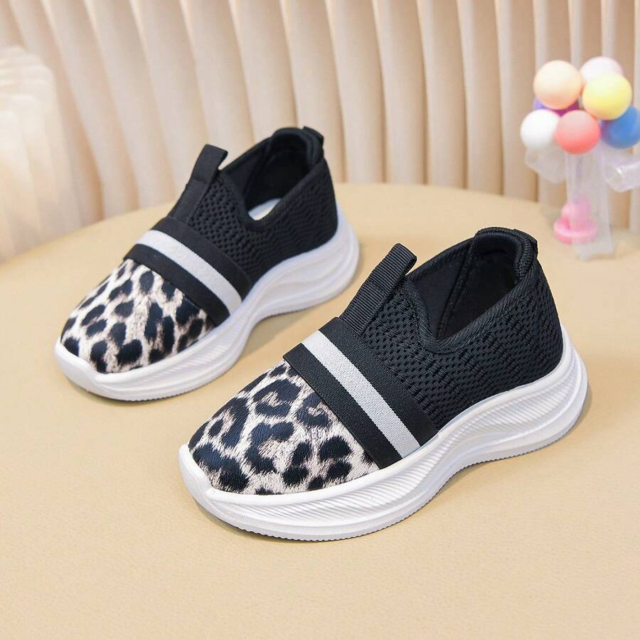 Leopard Print Kids Slip-On Sneakers, Mesh Breathable Lightweight Baby Casual Shoes - Black and Beige - View 1