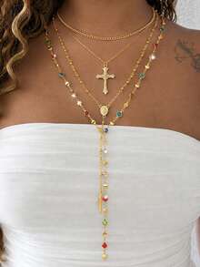 4/8pcs Fashion Minimalist Bohemian Colorful Rhinestone Heart & Cross Pendant Y-Shaped Chain Necklace Set, Layered Necklaces For Women, Suitable For Vacation, Date, Party, Ball, Banquet, Festival, Birthday Gift, Daily Wear - Yellow Gold - View 2