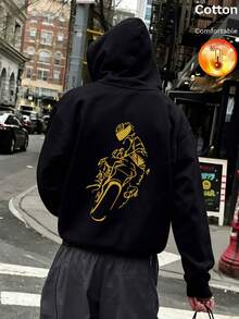 Men's Fleece Hooded Sweatshirt With Back Cyclist Print, Y2K Style, Autumn/Winter - Black - View 4