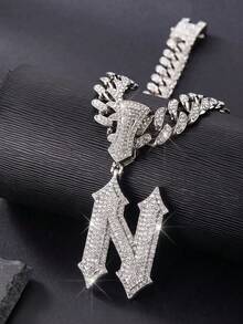 Iced Out Gothic 26 Letter Pendant Cuban Link Chain Necklace, Hip Hop Bling Rhinestone Men's Necklace, Street Party Jewelry Gift - Letter - View 7