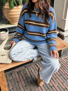 Women's Plus Size Y2K Style Blue Striped Knit Pullover Sweater, Bold Striped Pattern, Round Neck Drop Shoulder Design, Regular Length Sweater For Autumn/Winter, Elegant Casual Everyday Top, Suitable For Spring/Autumn/Winter - Multicolor - View 6