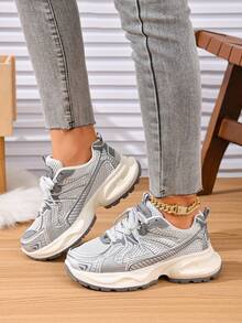 Sepatu Wanita Fashion Colorblock Kulit PU Bertali Nyaman Bernapas untuk Aktivitas Luar Ruangan Sepanjang Musim - Light Grey - View 2