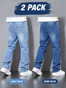 Boys Streetwear Cool Casual Light Blue & Dark Blue Washed Denim Jeans - Blue - View 2