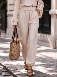 Fall Vintage Cream High Waisted Jogger Pants For Women, Elastic Waist Loose Flowy Lantern Trousers, Versatile Work Party Casual Pants - Apricot - View 1