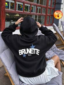 Women's Hooded Sweatshirt, Autumn/Winter Thermal Lined Long Sleeve Loose Fit Sweatshirt, Letter & Star Pattern - Black - View 3