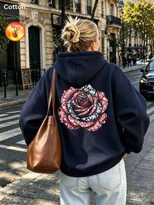 Women's Cotton Sweatshirt, Autumn/Winter Fleece-Lined Long Sleeve Loose Sweatshirt With Rose Print - Navy Blue - View 10