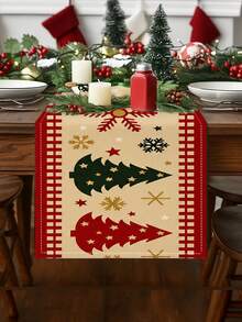 1 Pc Christmas Tree Snowflake Star Print Table Runner Retro Red Grid Border Linen‑Look Long Table Runner Xmas Holiday Dining Table Home Decoration - Apricot - View 4