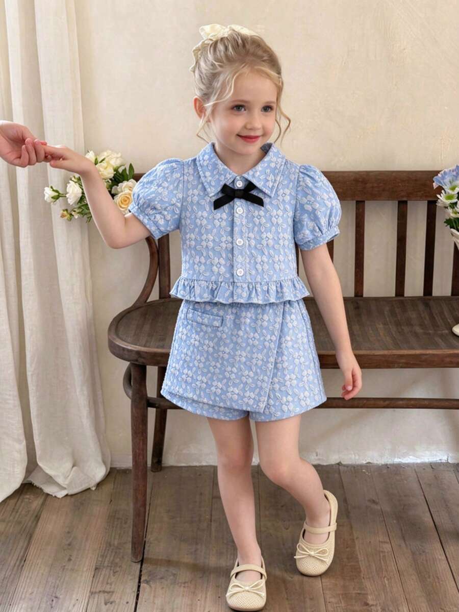 Bộ đồ thường ngày 2 món cho bé gái: Váy ngắn họa tiết hoa nhí ngẫu nhiên. - Màu xanh lam - Xem 1