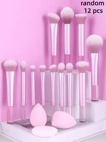 12pcs Pink Transparent Handle Multi-Function Makeup Brush Set, Includes Powder Brush, Blush Brush, Foundation Brush, Eyeshadow Brush, Blending Brush, Contour Brush + Angled Makeup Sponge, Round Makeup Sponge, White Powder Puff, Essential For Beginners, Random 12pcs - Pink - View 10