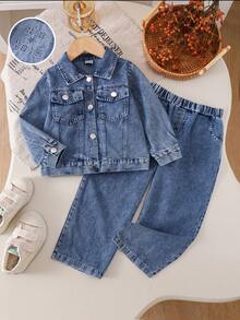 2pcs/Set Boys Blue Casual Style Pocket Decor Back Contrast Color Letter Pattern Long Sleeve Jacket And Casual Pants, Autumn - Blue - View 1