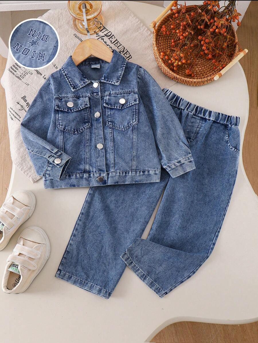 2pcs/Set Boys Blue Casual Style Pocket Decor Back Contrast Color Letter Pattern Long Sleeve Jacket And Casual Pants, Autumn - Blue - View 1