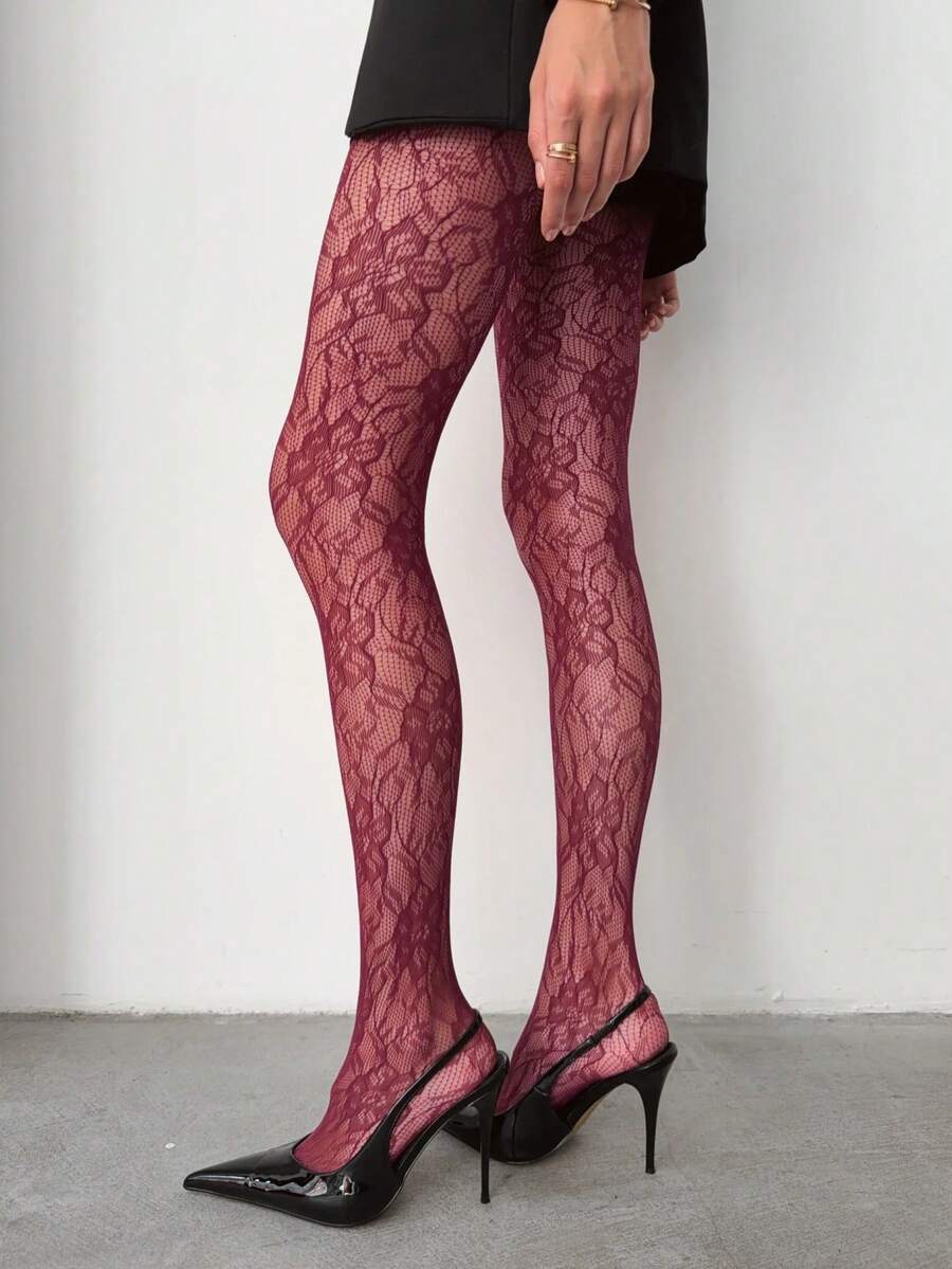 1雙女款高級小眾個性奢華藤蔓魚網絲襪 - 酒紅色 - 查看 1