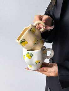 1 buah Mug Kopi Keramik Motif Bunga Lemon, Gaya French Ins yang Sangat Menarik untuk Penggunaan di Rumah, Mug Wanita, Kapasitas Besar Cocok untuk Berbagai Kopi, Susu, Air Minum Tamu/Keluarga, Komersial, Hadiah - MultiWarna - View 5