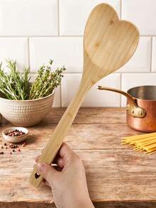 Bộ 2/4 dụng cụ nhà bếp bằng gỗ tre, xẻng hình trái tim, thìa tre rỗng dùng cho gia đình, dụng cụ nấu ăn - Màu Mù tạt vàng - Xem 3